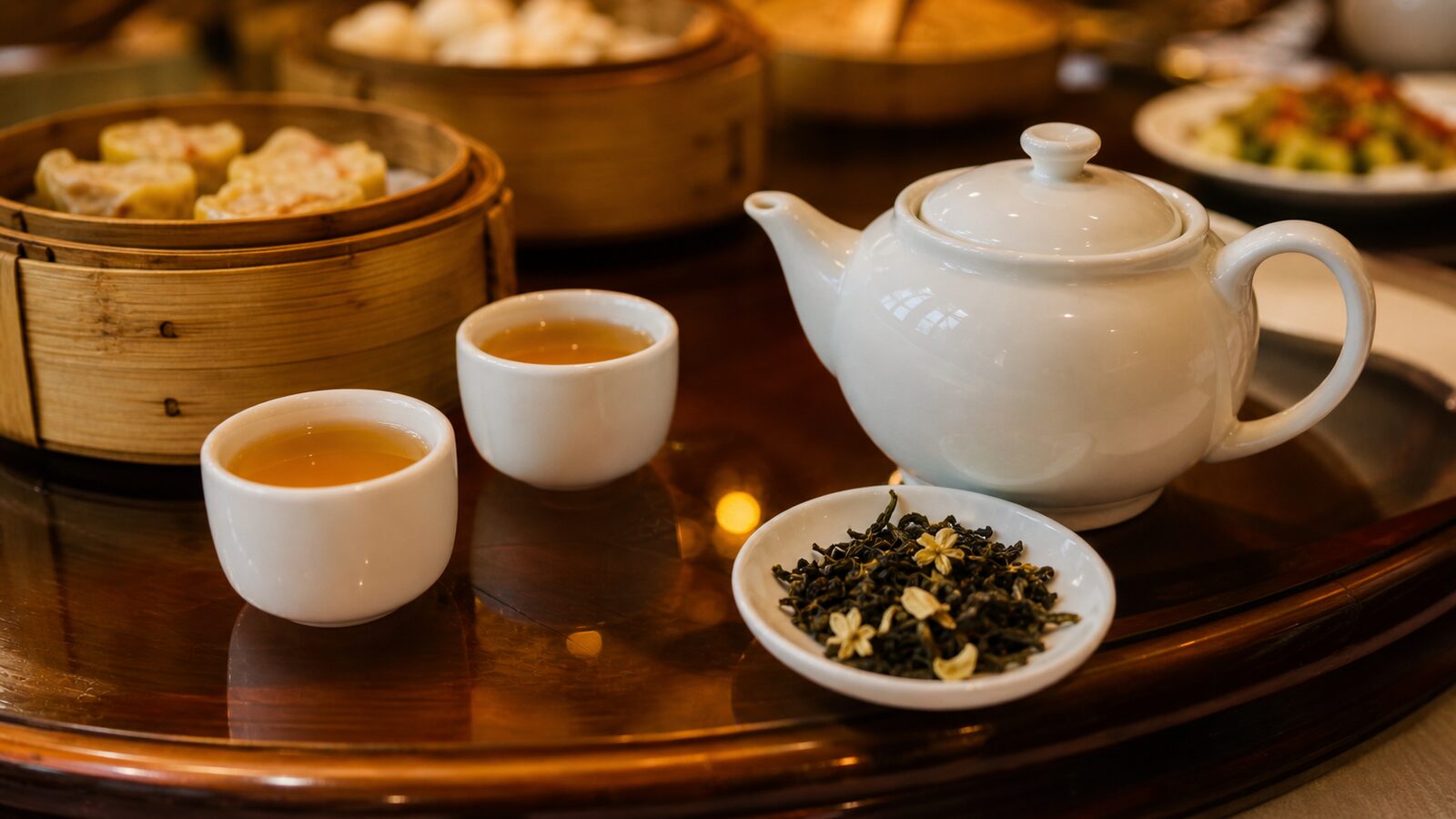 Chinese restaurant tea with white teapot cups and dim sum steamers