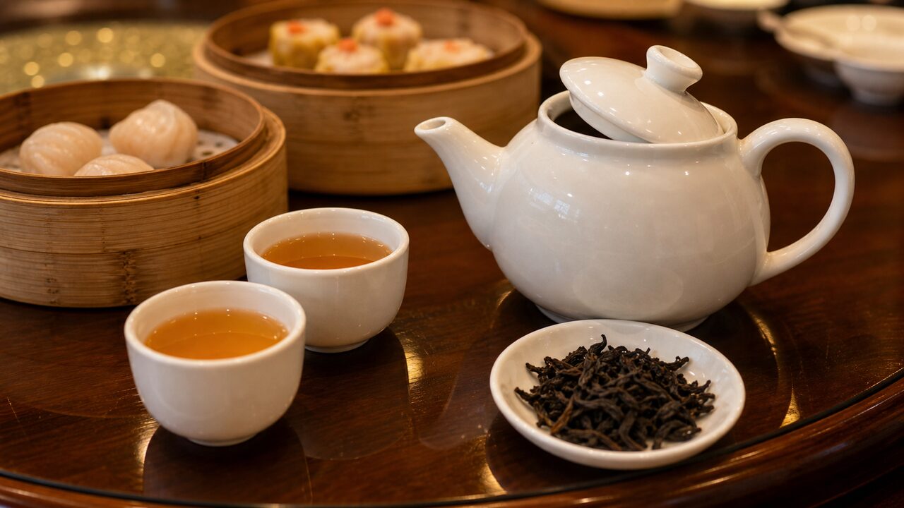 Signal zum Nachfüllen der Teekanne im chinesischen Restaurant Teekanne im chinesischen Restaurant mit schräg geöffnetem Deckel neben Teetassen und Dim-Sum-Dämpfern