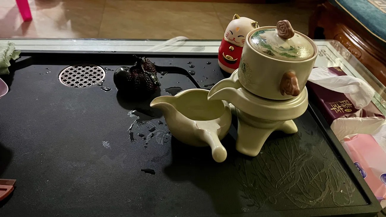 Gong-Fu-Teeservice aus Porzellan mit drehbarer Teekanne und Gebirgsmotiv real bouquet photo